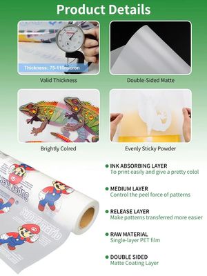 Quần áo DTF PET Transfer Film 75mic hai mặt matte trực tiếp vào phim trên dệt may